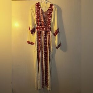 Cream & Red Palestinian Tatreez Embroidered Dress Thobe